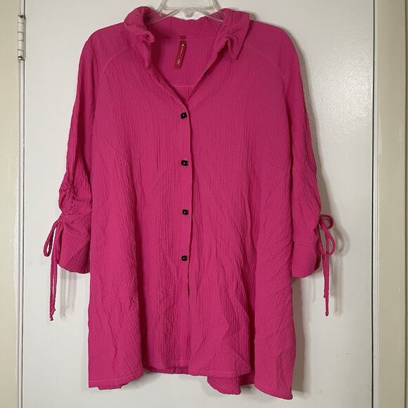IC by connie K hot pink button down tunic shirt gauze top medium - Picture 1 of 5